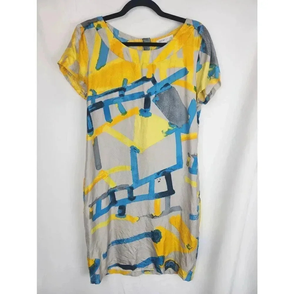 See By Chloe Dress Short Yellow and Blue Size 10.